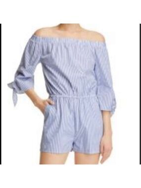 AQUA Striped Off The Shoulder Cotton Toe Sleeve Romper Small